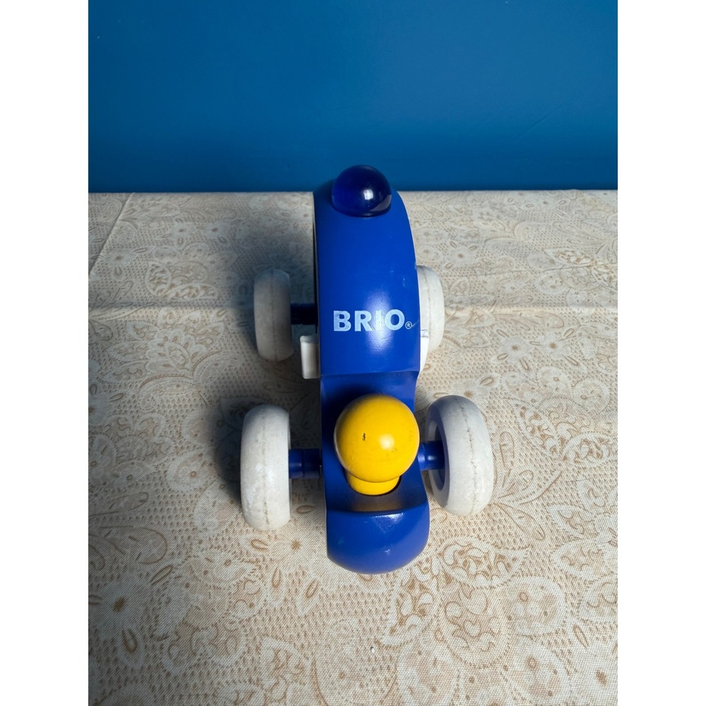 Brio Vintage Wooden Police Car Toy Blue Yellow White Wheels Push Toy